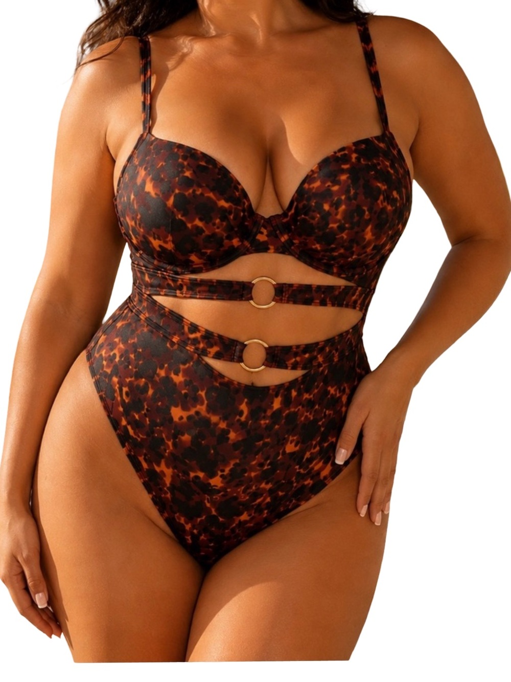 Wolf & Whistle Leopard One Piece Swimsuit 6 DDD/F-G Underwire NWT Gold Rings